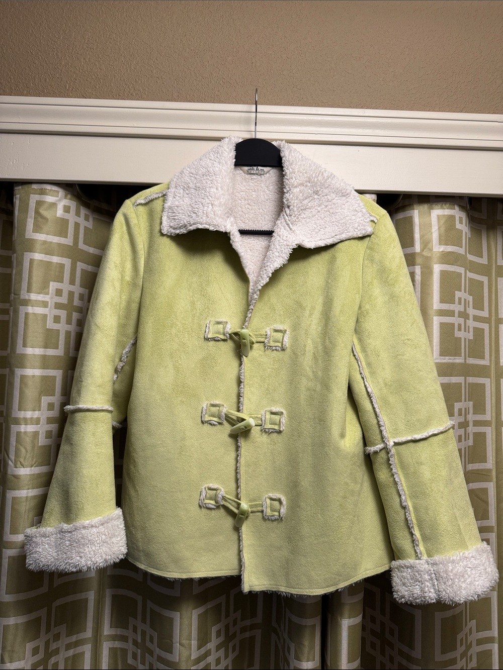 Light Green Shearling Toggle Jacket with Sherpa Trim